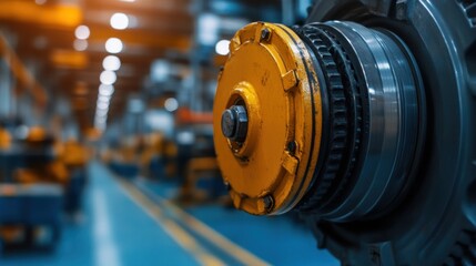 Fototapeta premium A detailed view of an industrial gear highlighting its intricate design and functionality in a busy manufacturing facility, capturing the essence of modern engineering
