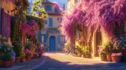 Fototapeta premium Serene Flower-Laden Street in a Charming Village