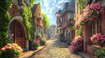 Charming Quaint Street with Colorful Flowers
