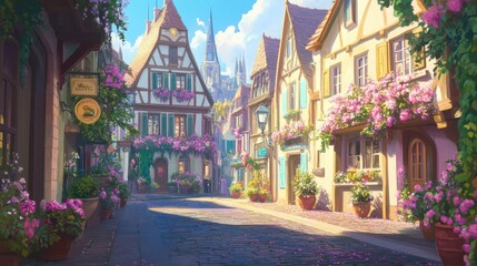 Fototapeta premium Charming Village Street with Floral Displays and Sunshine