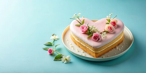 Naklejka premium Heart-Shaped Cake on Pastel Blue Background for Valentine's Day Dessert Inspiration