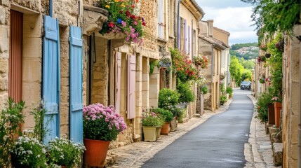 Fototapeta premium Charming Cobblestone Street with Colorful Flowers