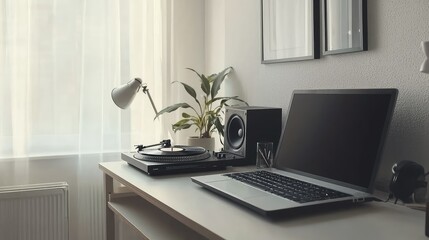 Fototapeta premium Minimalist Workspace with Turntable and Laptop