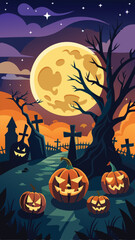 halloween pumpkins in a graveyard with a full moon