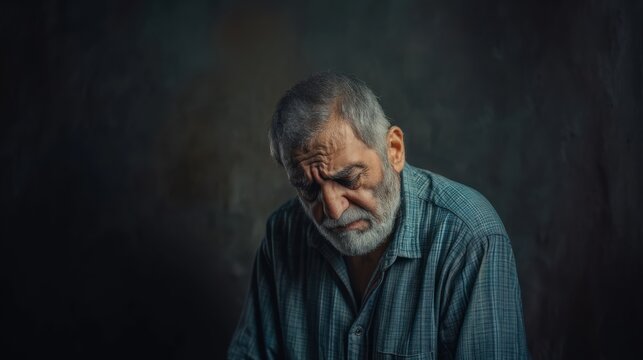 Close up portrait of senior latinx man feeling sorrow, sadness and grief, banner with copy space. grief, loss and profound depth of human emotions