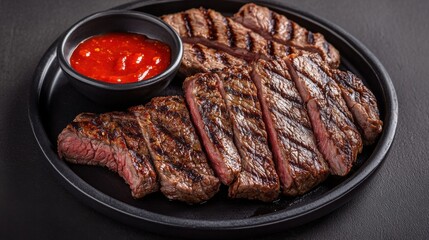 Grilled Beef Slices with Sauce on a Black Plate
