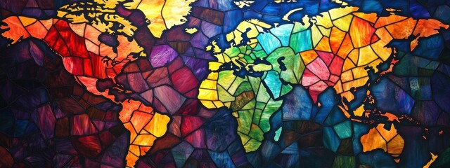 Vibrant Stained-Glass World Map, continents formed by colorful translucent segments, intricate design showcasing global unity and artistry
