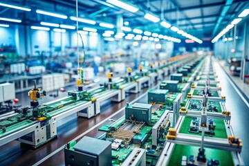 High-Tech Electronics Assembly Line with Robotic Arms Soldering Circuit Boards