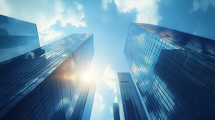 business and financial skyscraper buildings concept.Low angle view and lens flare of skyscrapers modern office building city in business center with blue sky.
