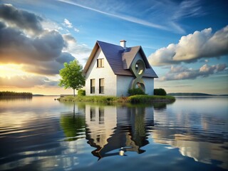 Fototapeta premium House Floating on Water with Percentage Sign for Financial Concepts and Real Estate Marketing