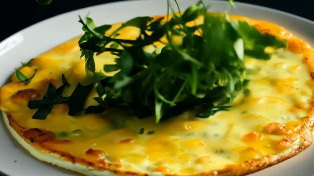 A plate of food with the word "halal" written on it. The plate is topped with green herbs and a yellow sauce