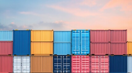 Colorful Cargo Containers Stacked Against Sky