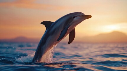 Naklejka premium Dolphin Performing High Jump at Sunset Over Ocean