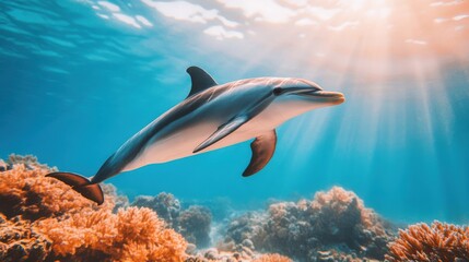 Obraz premium Dolphin Swimming Near Coral Reef at Sunrise