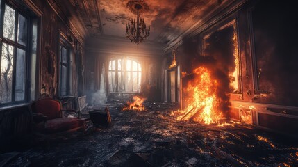 A charred interior of a building engulfed in flames, showcasing destruction and chaos.