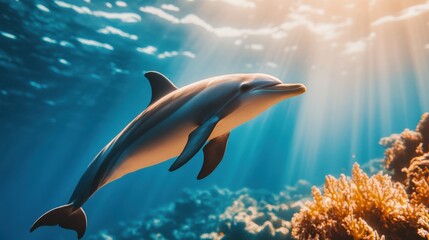 Obraz premium Dolphin Swimming Near Coral Reef at Sunrise