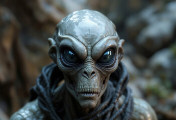 A close-up portrait of an alien creature with large, expressive eyes, blue-gray skin, and distinctive facial features