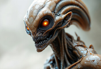 Fototapeta premium A close-up portrait of an alien creature with large, expressive eyes, blue-gray skin, and distinctive facial features