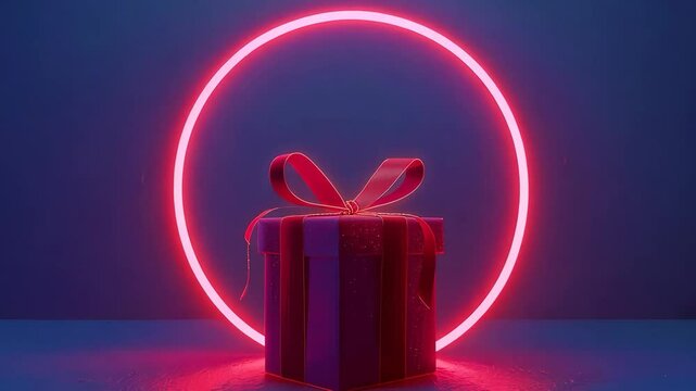 A red box with a red ribbon is lit up in a neon light. The box is placed in the center of a glowing circle. Concept of excitement and anticipation, as if the box is a gift waiting to be opened