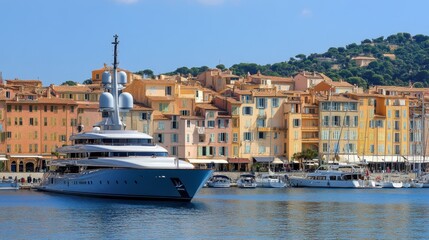 Luxury Yacht in Colorful Coastal Village Landscape