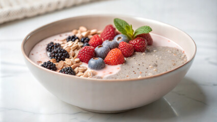 Healthy breakfast bowl with oatmeal, fresh berries, and mint leaves in wooden bowl