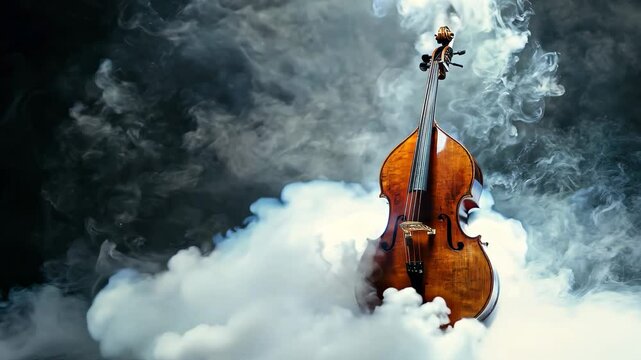 A cello is sitting in a foggy mist. The mist is thick and heavy, giving the scene a mysterious and eerie atmosphere. The cello is the main focus of the image, drawing attention to its elegant