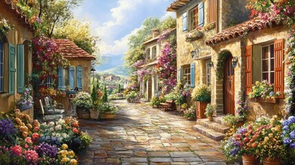 Fototapeta premium Charming Flower-Laden Streets in a Scenic Village