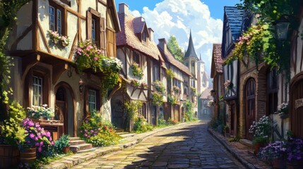 Naklejka premium Charming Village Street with Quaint Houses and Flowers