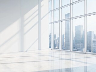 Modern office interior with city view and white walls.