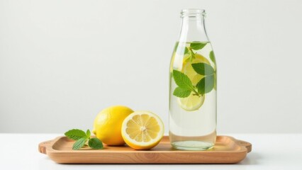 Fototapeta premium Refreshing lemon mint drink served in a glass bottle with fresh lemons and mint leaves on a wooden tray