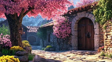 Naklejka premium Serene Blossom Pathway in Enchanted Village