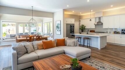 Fototapeta premium A bright open living space with a large L-shaped couch, a wooden dining set, and a modern kitchen with white cabinets and a spacious island for casual dining