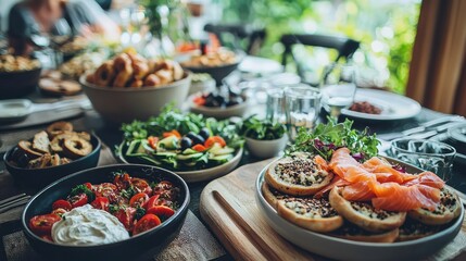 Obraz premium Trendy Brunch Table with Loaded Bagels and Fresh Ingredients