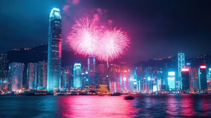 Obraz premium Vibrant Fireworks Over City Skyline at Night