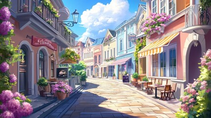 Naklejka premium Charming European Street with Colorful Buildings and Flowers