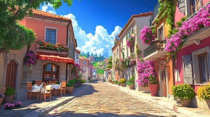 Fototapeta premium Charming Colorful Village Street with Flowers