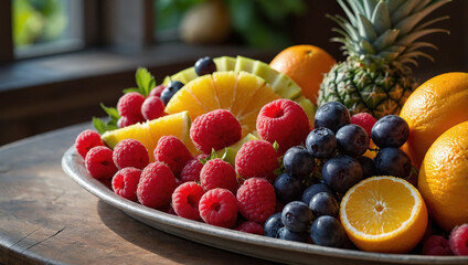 Fototapeta premium A plate of various fruits: oranges, strawberries, blueberries, raspberries, and kiwi.