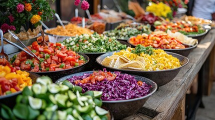 Colorful Taco Bar Setup with Fresh Fillings and Salsas