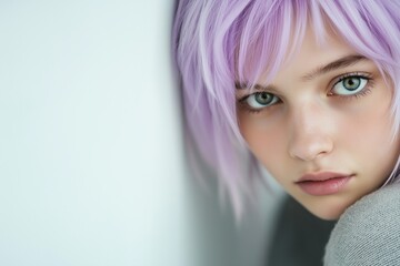 Fototapeta premium Teenager with purple hair leans against a wall in a dimly lit room, lost in thought and contemplation