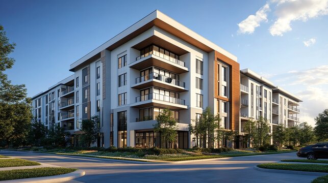 elegant residential apartment building exterior featuring glass and wood design elements, stucco facade, and modern architecture under a beautiful blue sky