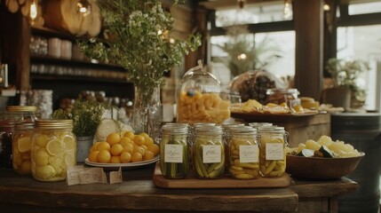 Fresh Produce and Preserves on Rustic Wooden Counter