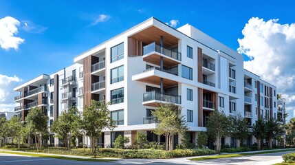 Fototapeta premium elegant residential apartment building exterior featuring glass and wood design elements, stucco facade, and modern architecture under a beautiful blue sky