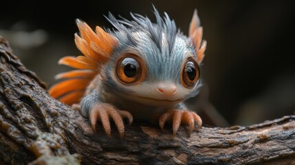 A cute, furry, blue and orange creature with large eyes and feathery ears sits on a branch.