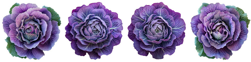 Obraz premium Set of A purple cabbage flower, top view, against a isolated on a transparent background cutout, PNG file