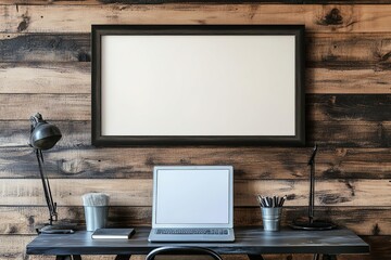 Horizontal black frame. frame mock up of a blank rectangle black frame, landscape style desk, wood wall	
