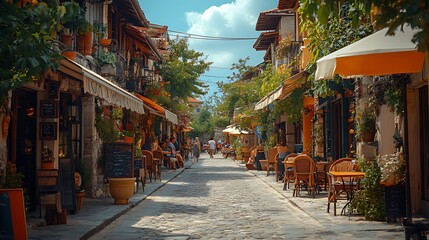 Fototapeta premium A cobblestone street lined with charming cafes and restaurants, with people enjoying the sunny day.