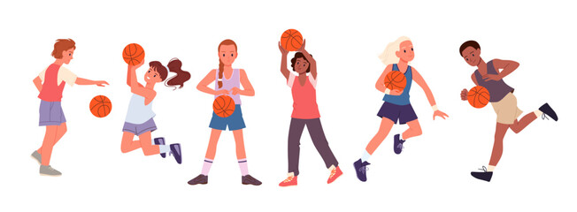 children athlete holding ball in hand to jump, run to basket, child playing in school team cartoon set. Basketball player girl boy running and jumping, dribble ball down court