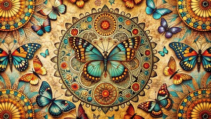 Lacy Colorful Mandalas and Butterflies in Vintage Geometric Pattern for Macro Photography