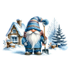 Gnome is holding a shovel digging snow.