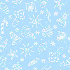 Seamless pattern with cartoon Christmas tree decorations on blue background for happy winter holidays design 2